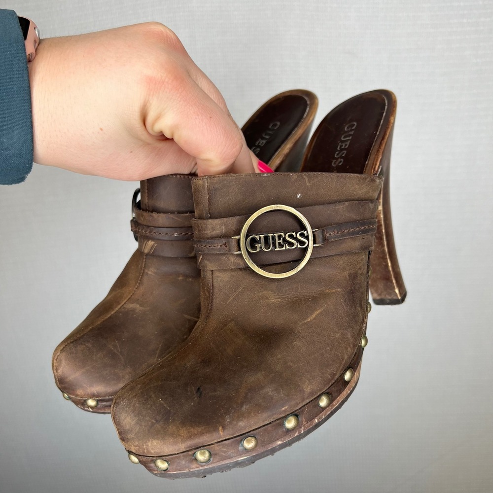 Guess Jovanna-T Brown Leather Studded Wood Platform Clog Mules Womens 9M - Picture 3 of 8